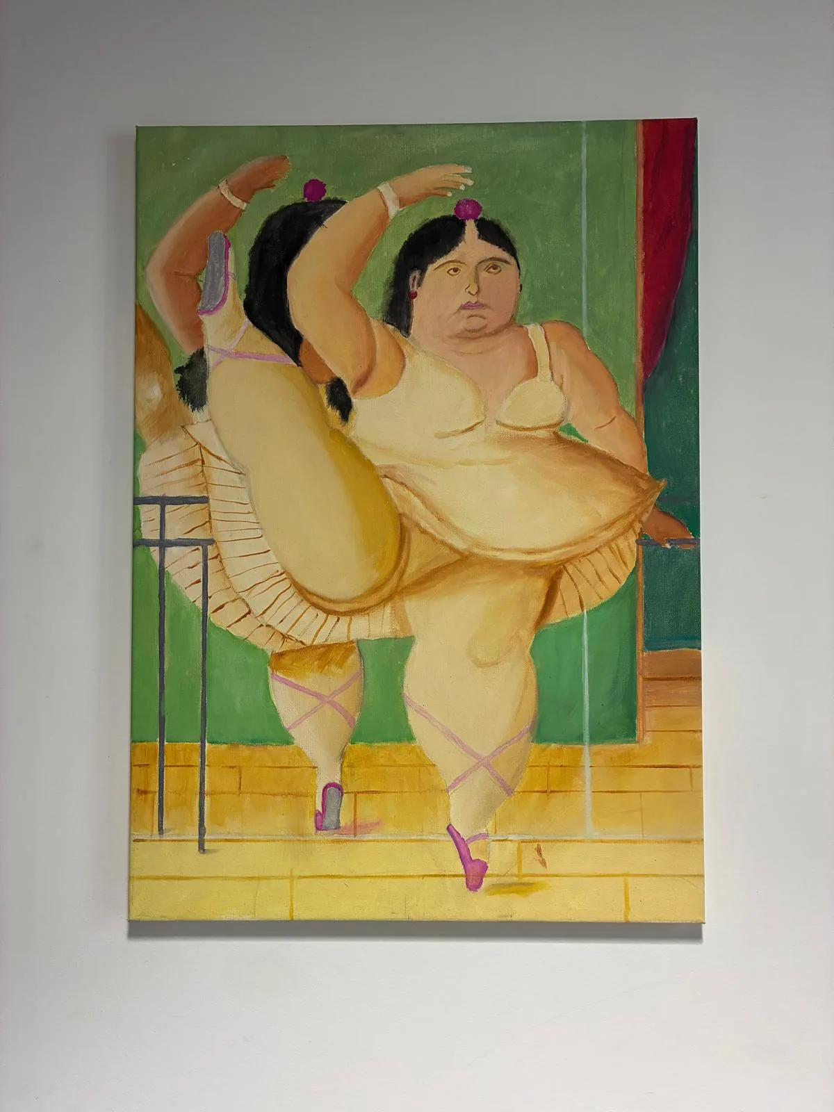 Pintura de una bailarina danzando en tonos verdes y amarillos de Francisco Javier Seguí García
