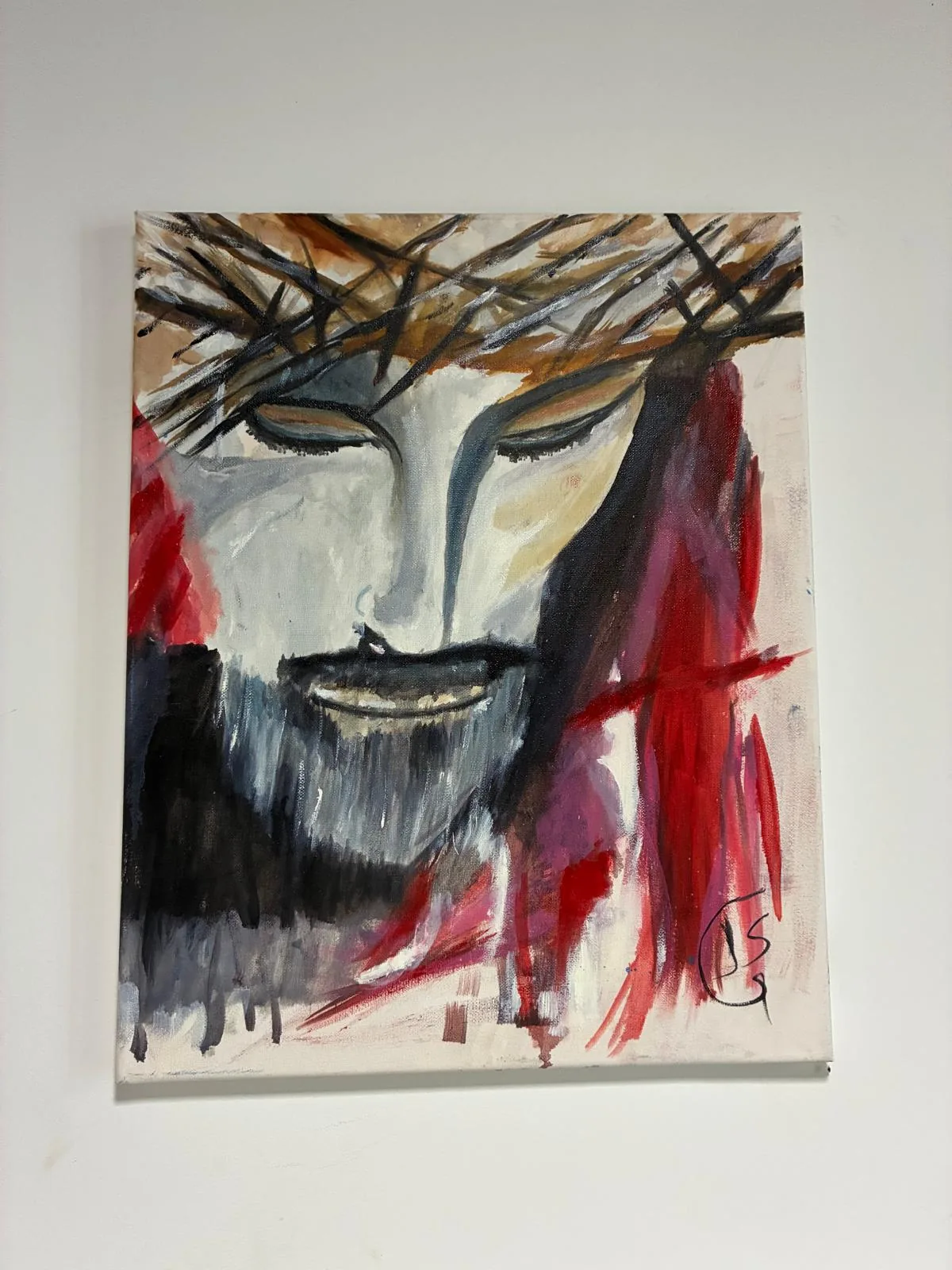 Cabeza de Cristo con corona de espinas en tonos rojos y grises, pintada por Francisco Javier Seguí García