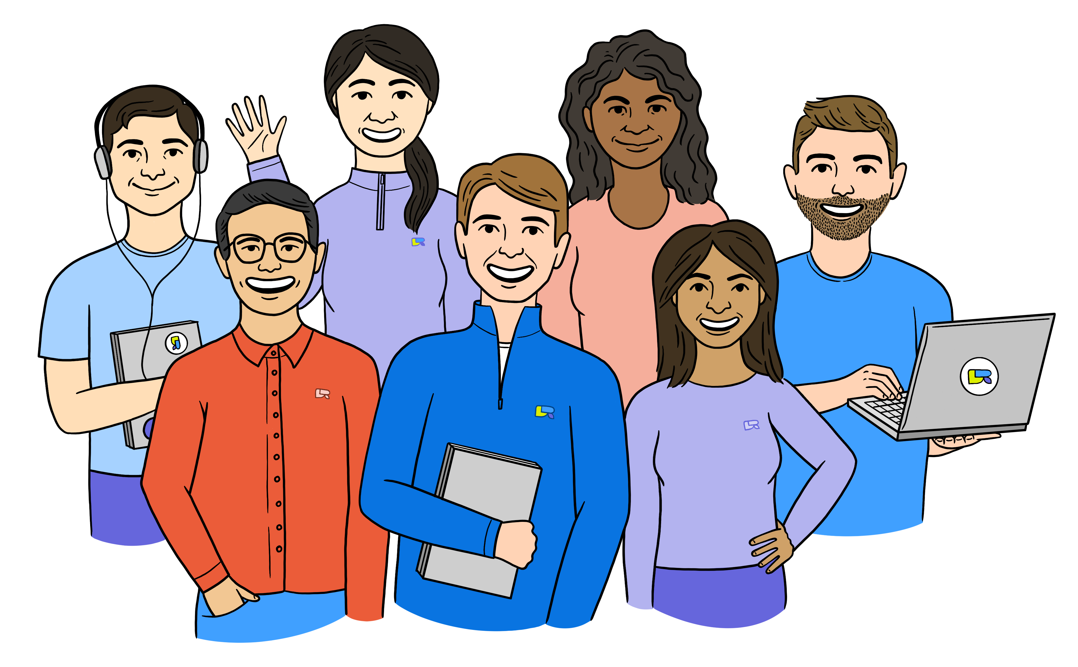 Diverse team of 8 people with smiles on