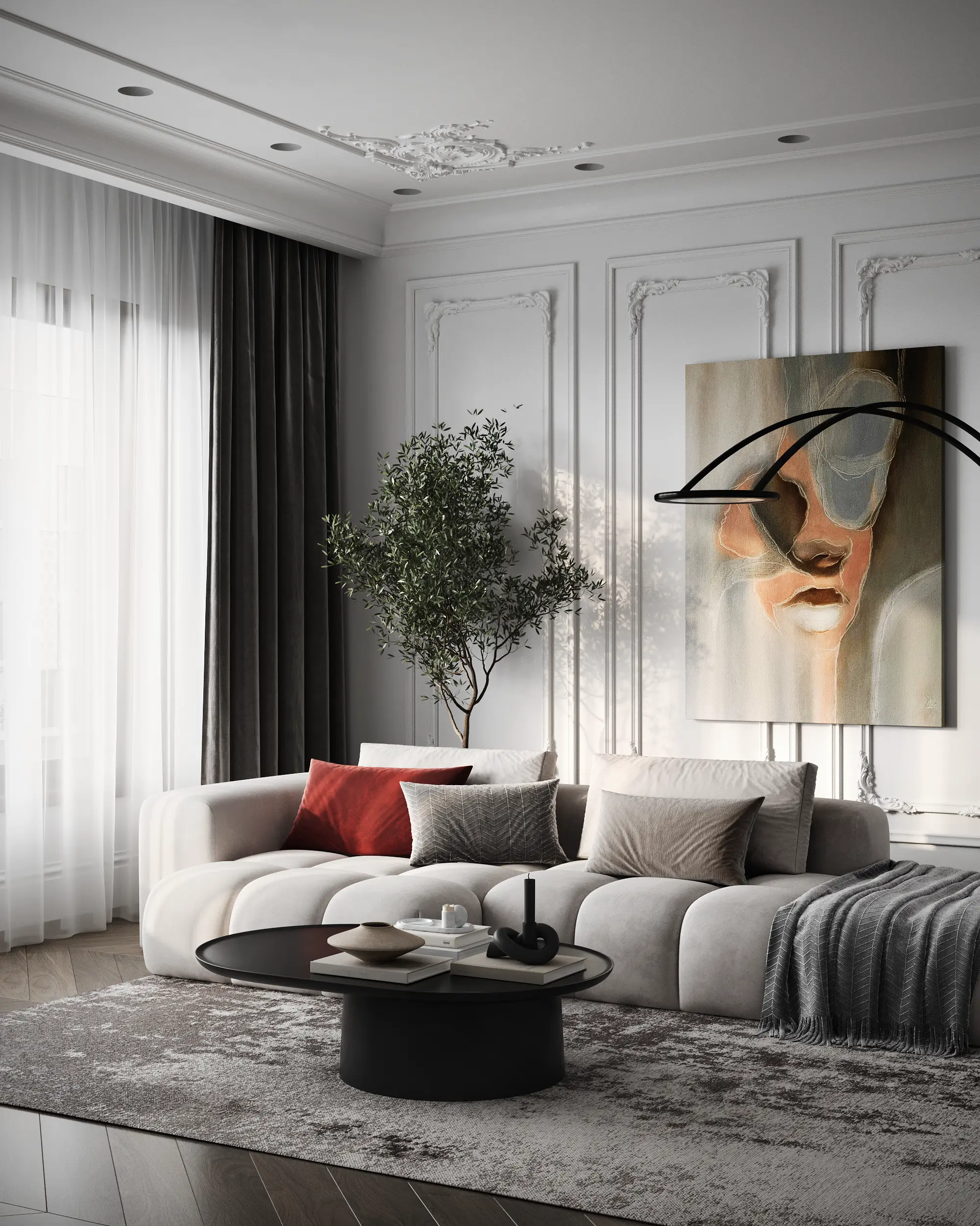 Modern living room with a light gray sofa adorned with red and gray cushions, a black round coffee table, a textured gray rug, a tall plant, sheer and dark curtains, and abstract wall art.