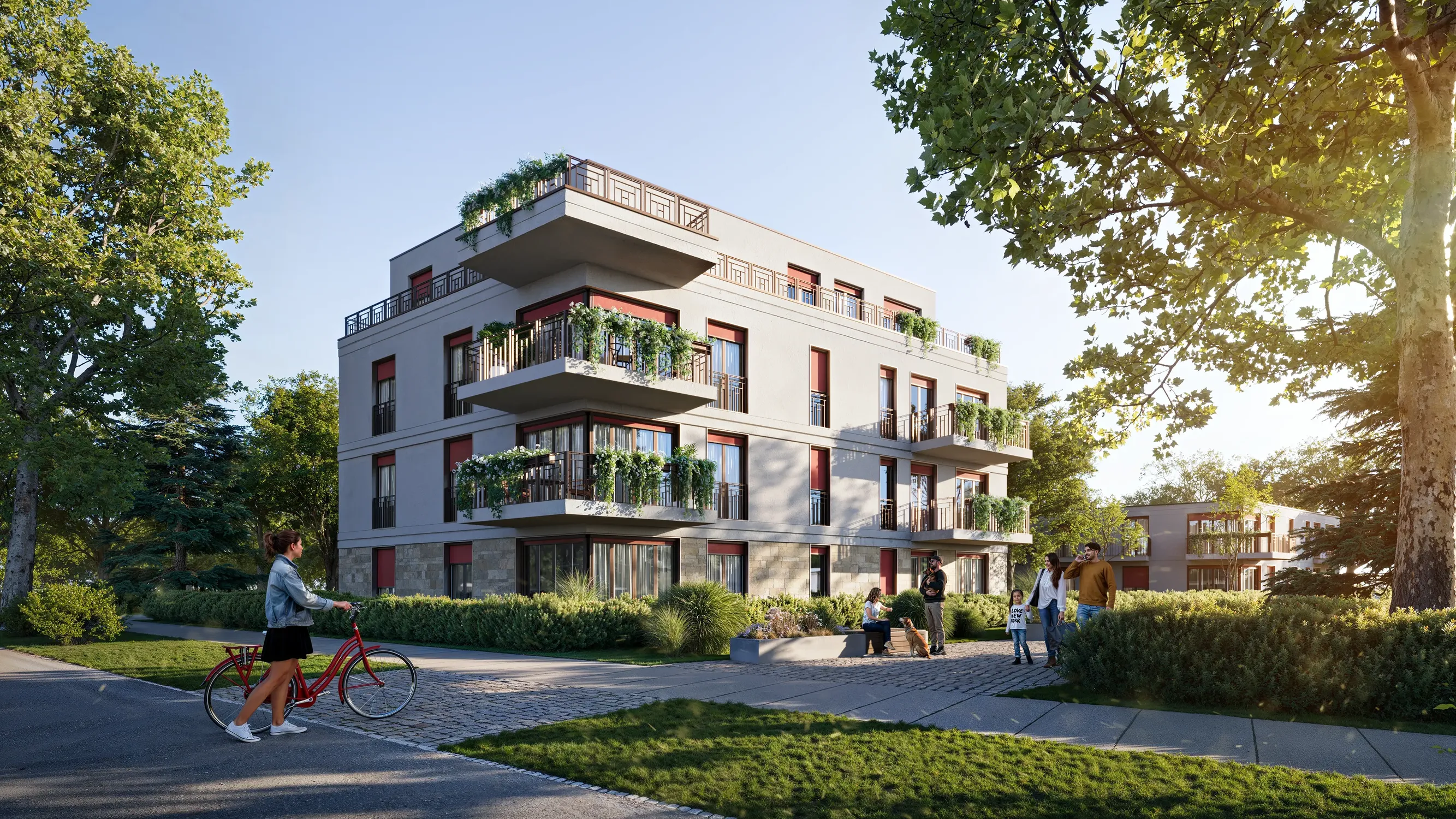Modern three-story apartment building with balconies and greenery, surrounded by trees and people walking and sitting nearby.