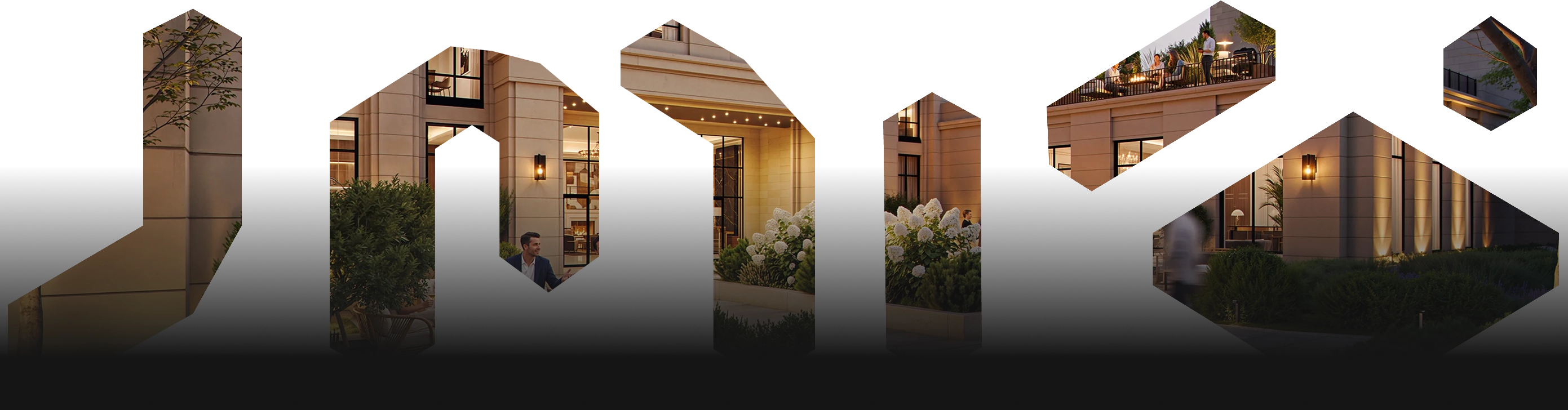 Modern building exterior with outdoor seating, greenery, and people socializing at dusk.