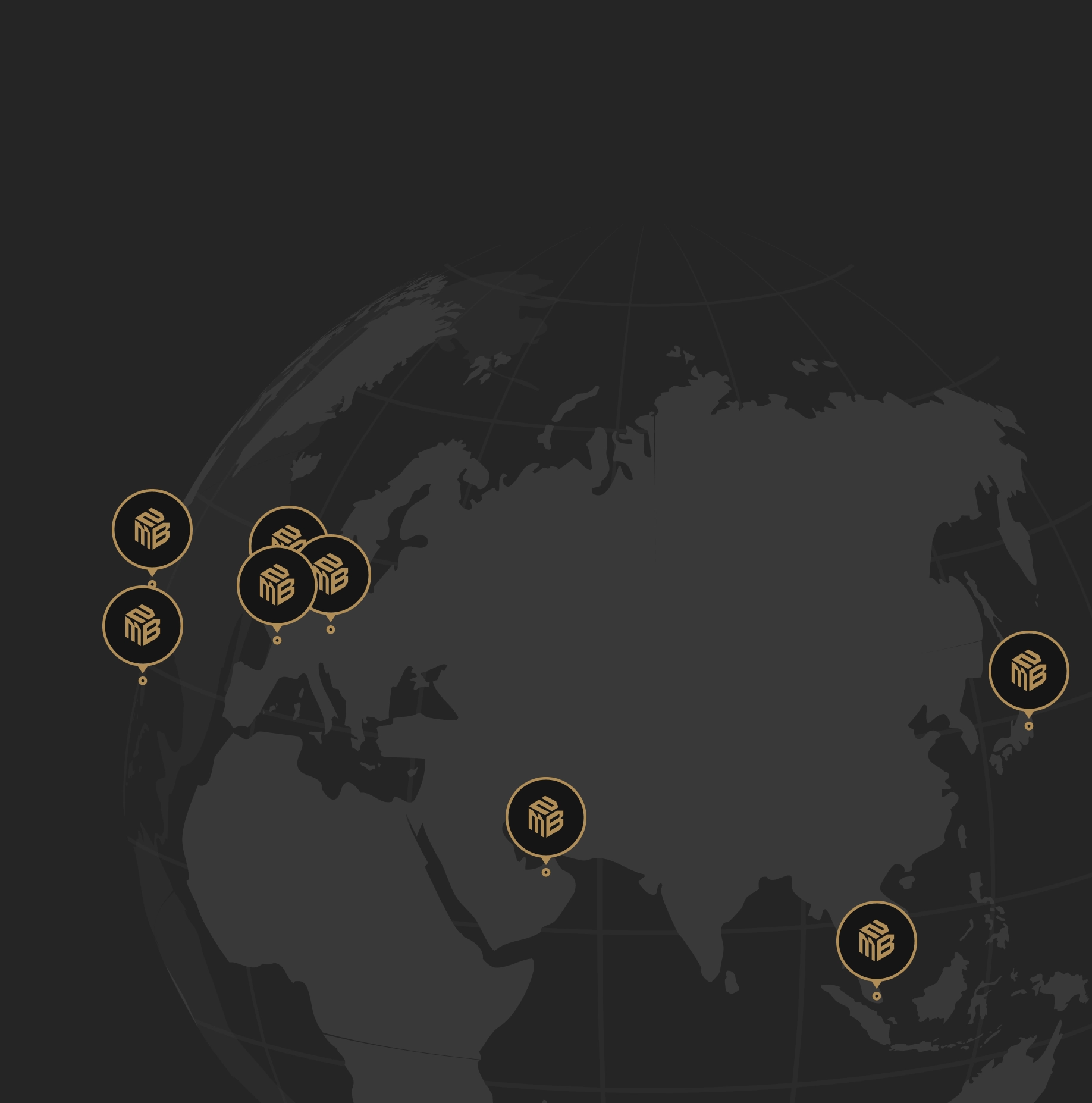Dark world map focusing on Eurasia with gold and black location markers.
