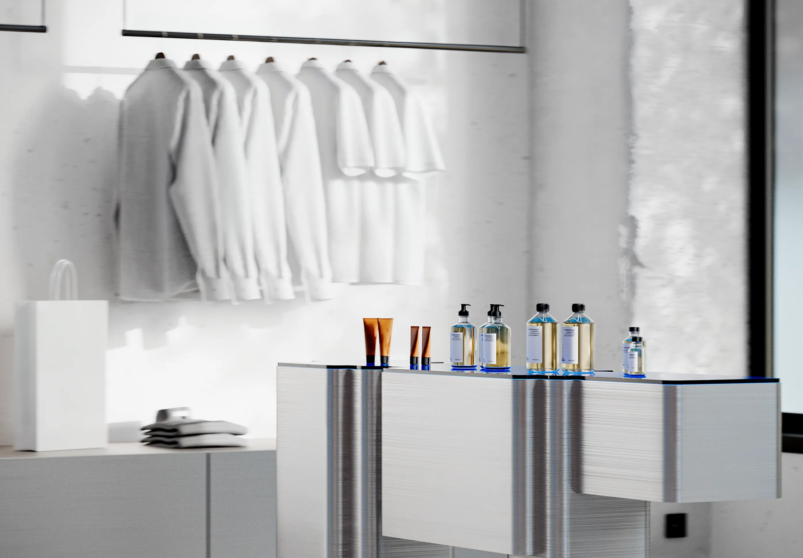 Minimalist retail display with hanging white shirts, folded clothes, shopping bag, and skincare bottles on a metallic counter.