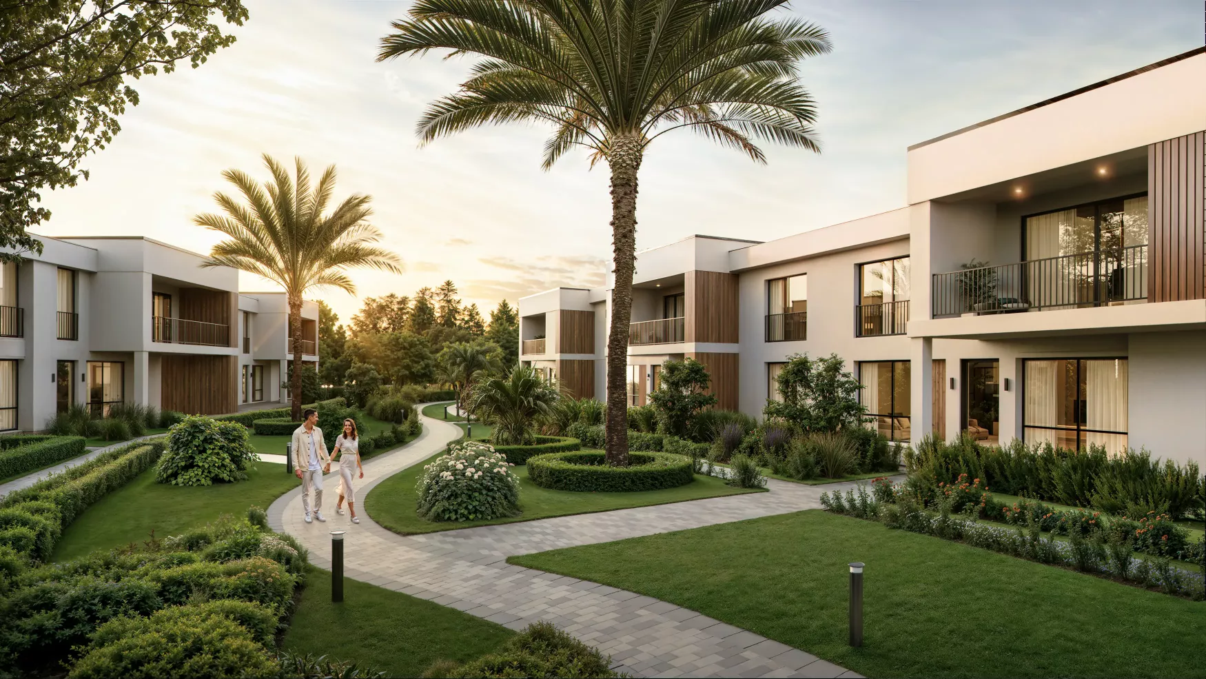 A couple walking hand in hand along a curved pathway through a landscaped garden with palm trees between modern two-story houses at sunset.