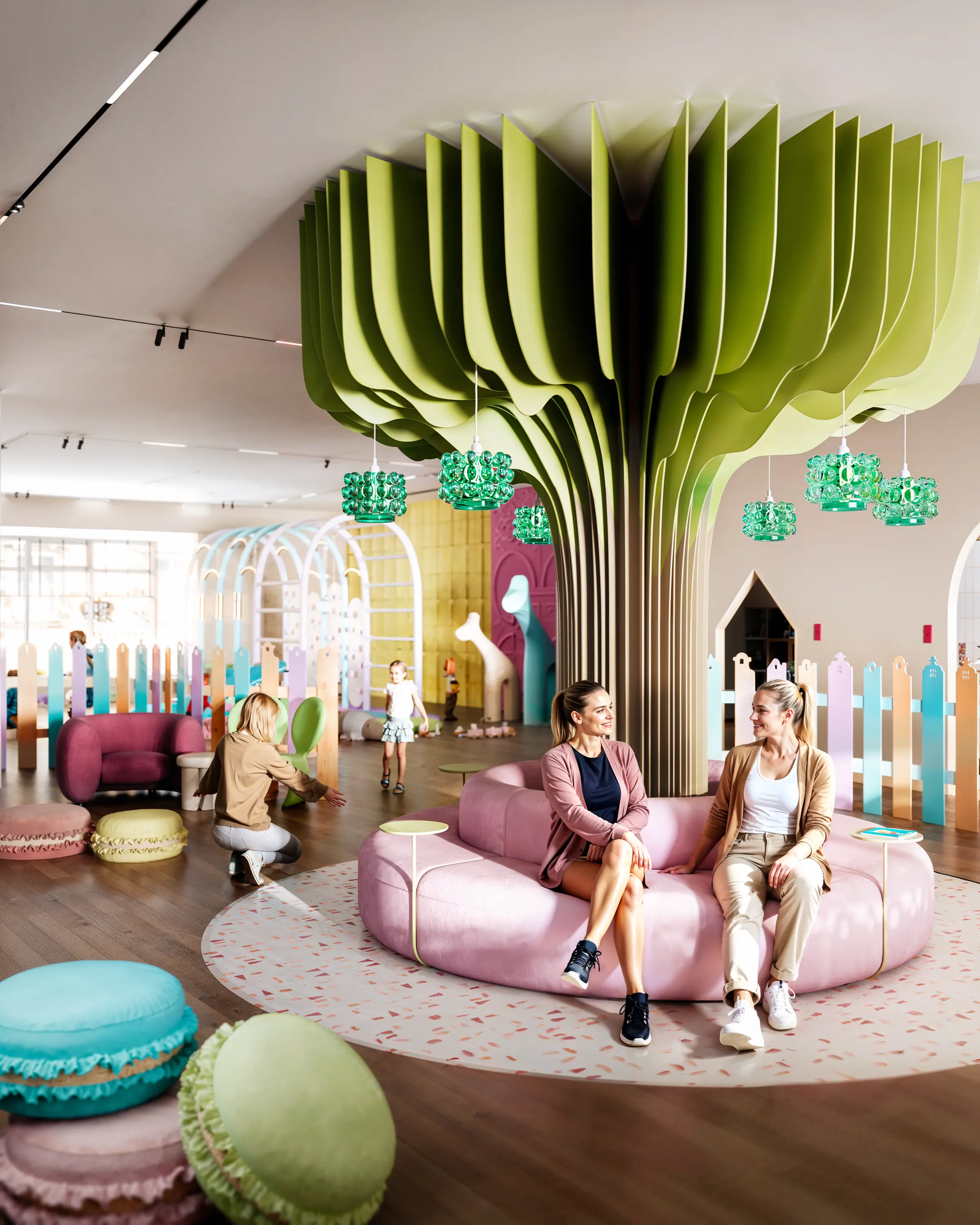 Cozy parents' lounge in a children's center, featuring comfortable seating and a mother welcoming her daughter.