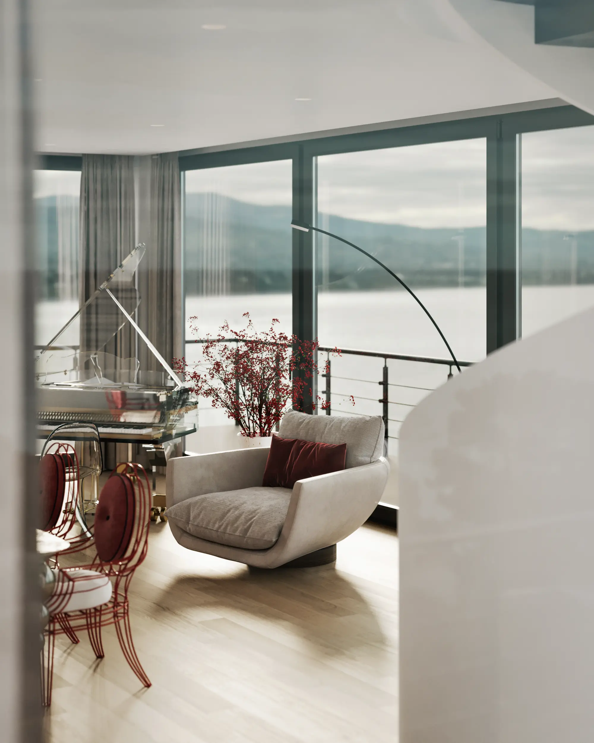 Cozy modern reading nook featuring a stylish armchair bathed in natural light by a large window.