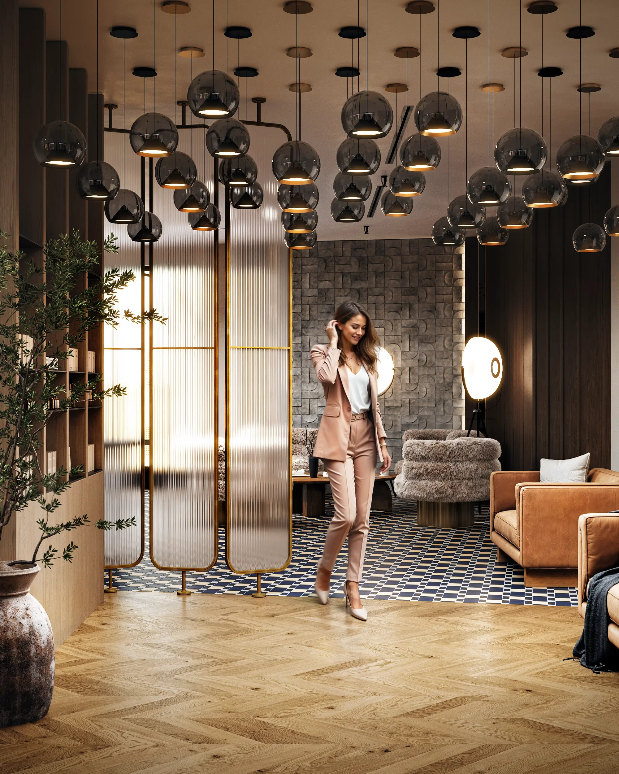 View of the salon entrance from the main floor, with a client leaving after her appointment.