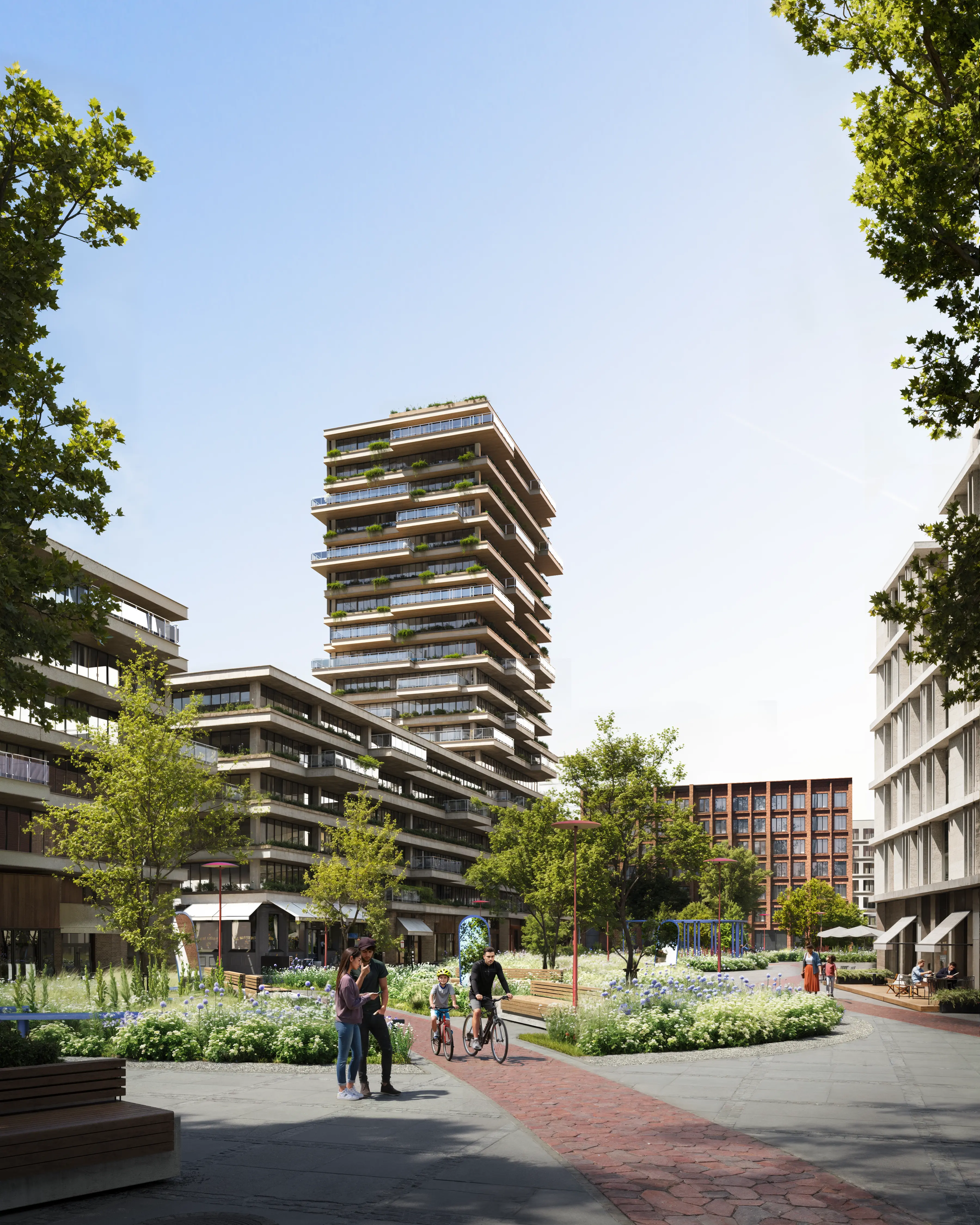 Landscaped community courtyard with residents walking and a father cycling with his child.