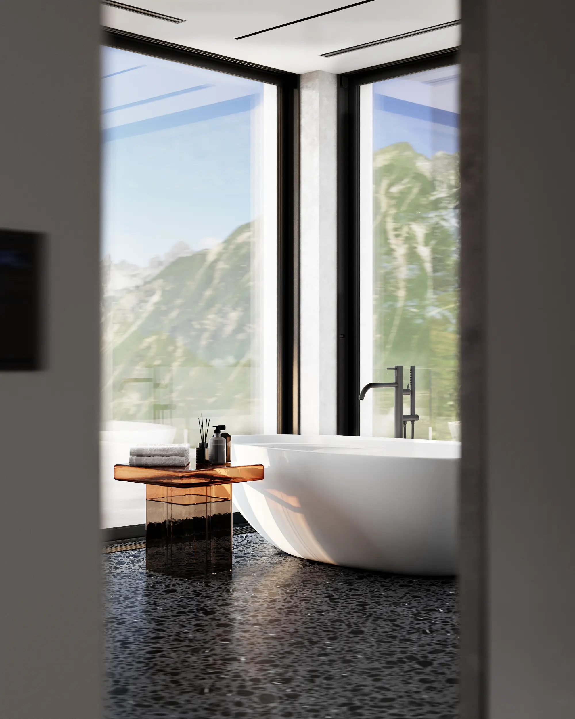 View from the entrance of a modern bathroom, focusing on a freestanding tub and a side table.