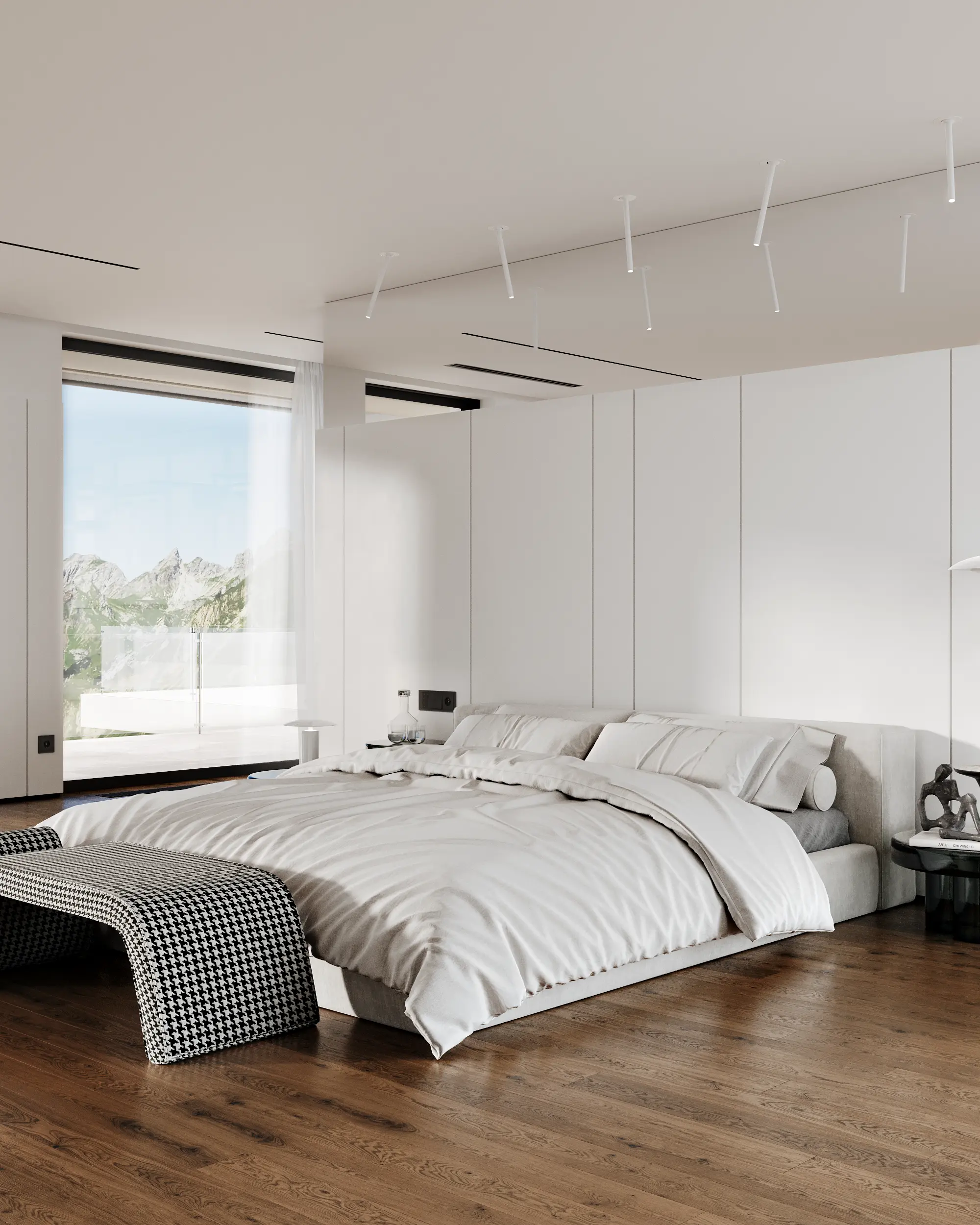 Bright, sunlit modern bedroom focusing on a serene, elegantly styled bed.