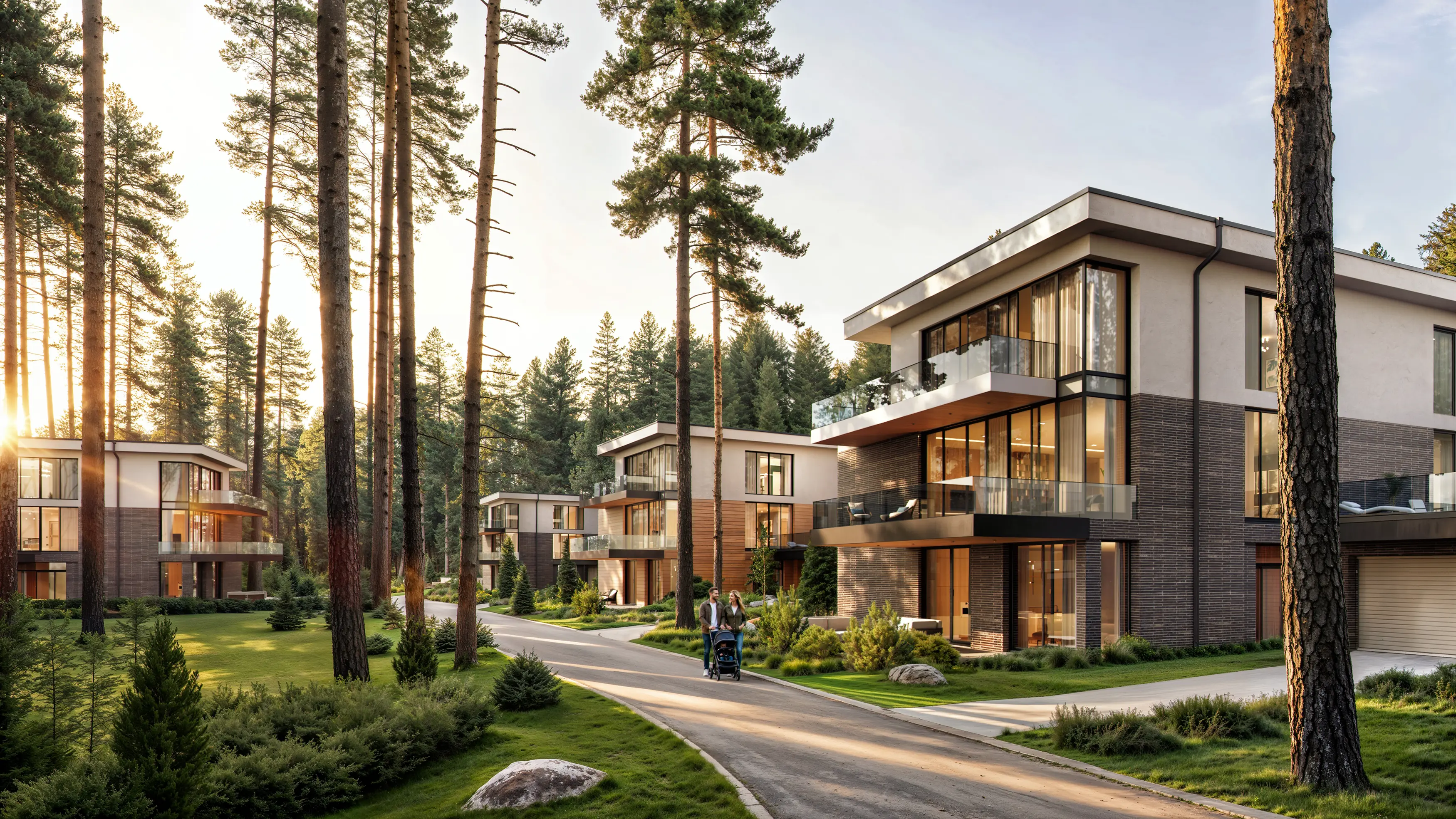 Quiet residential street lined with modern houses, featuring a couple and child walking.