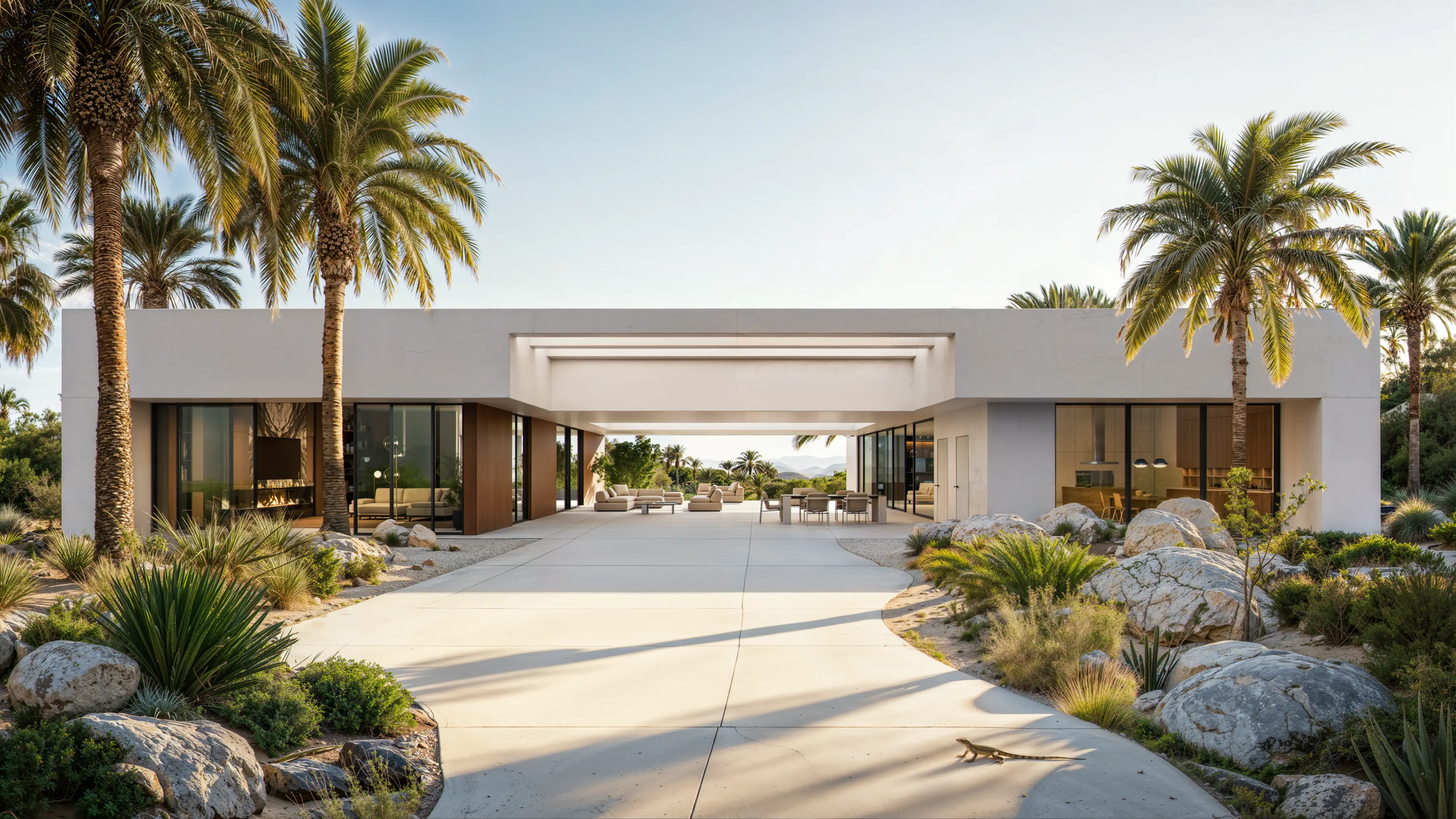 Front view of luxury desert oasis villa with arid landscaping