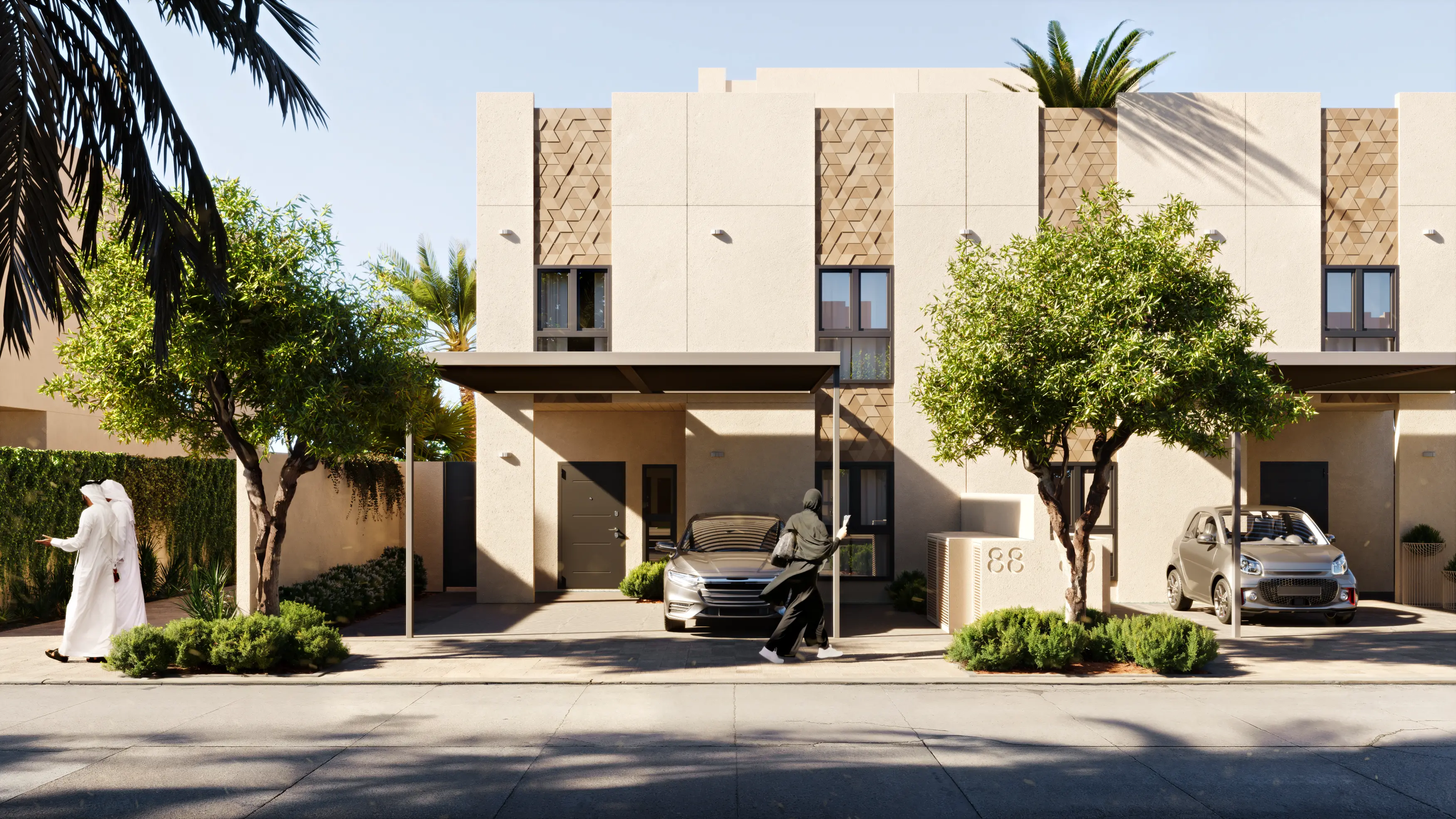 Wide angle of building facade, entrance area, and parking with pedestrian activity