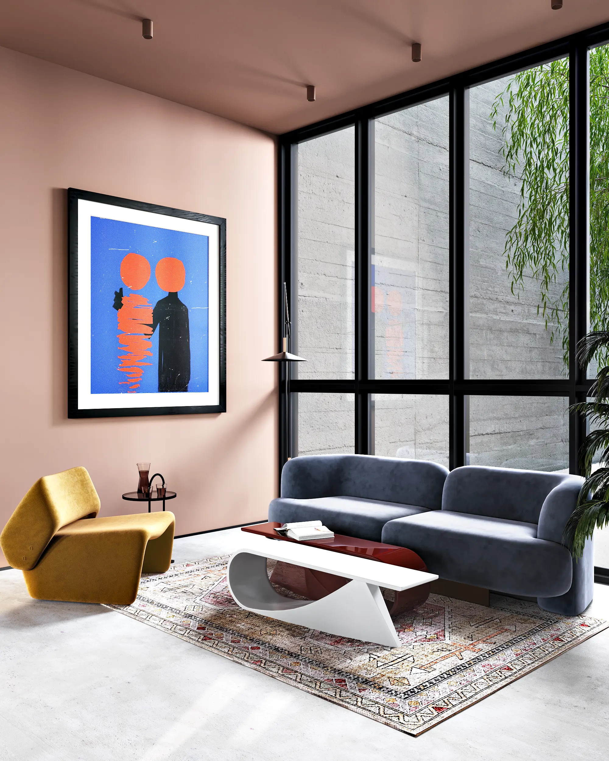 Modern window lounge area featuring a cozy sofa and armchair