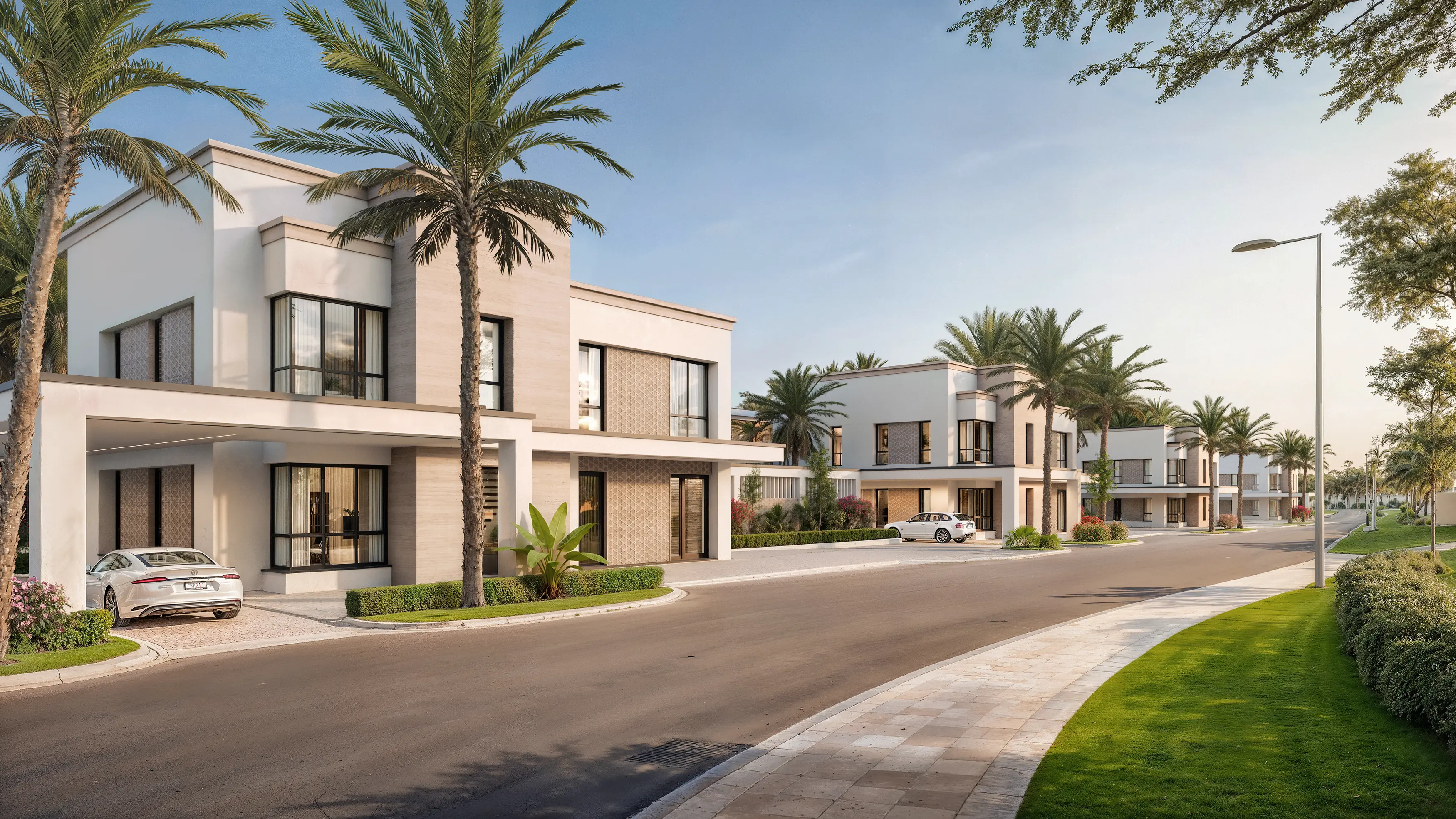Street view of a luxury residential complex featuring light stone townhouses in Dubai.