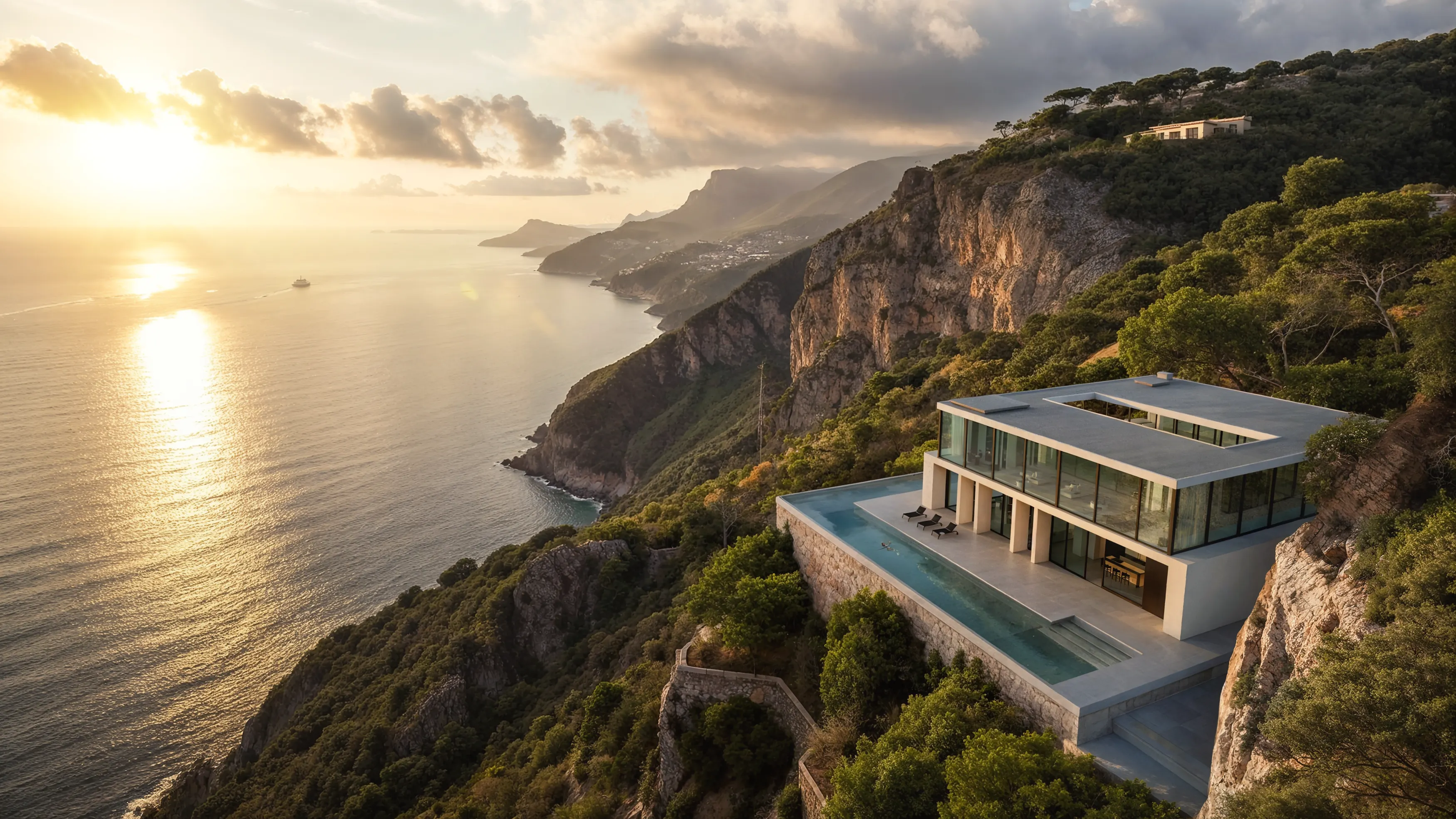 Aerial evening view of a seaside villa with a pool.