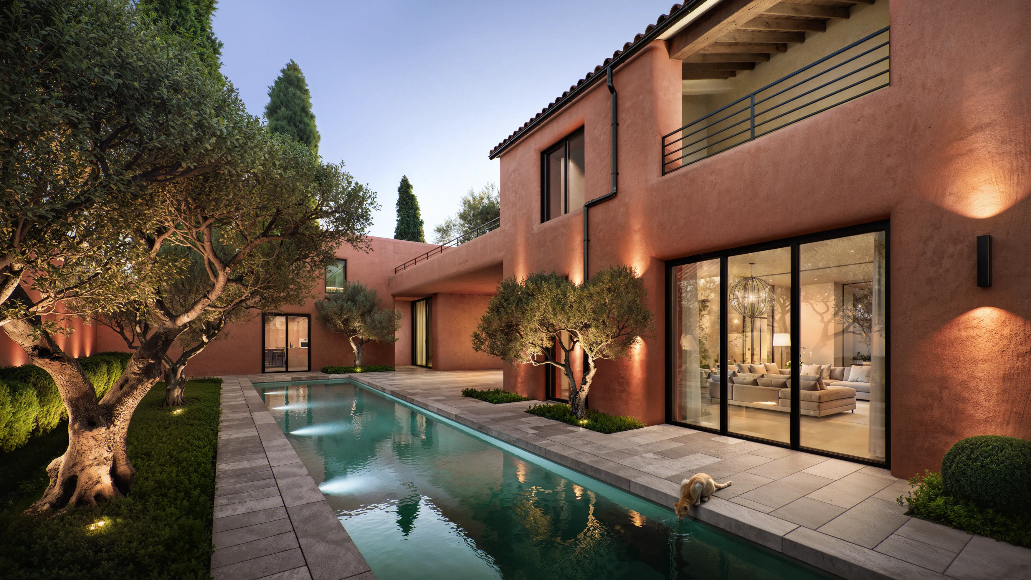 Evening view of a modern villa with a swimming pool.
