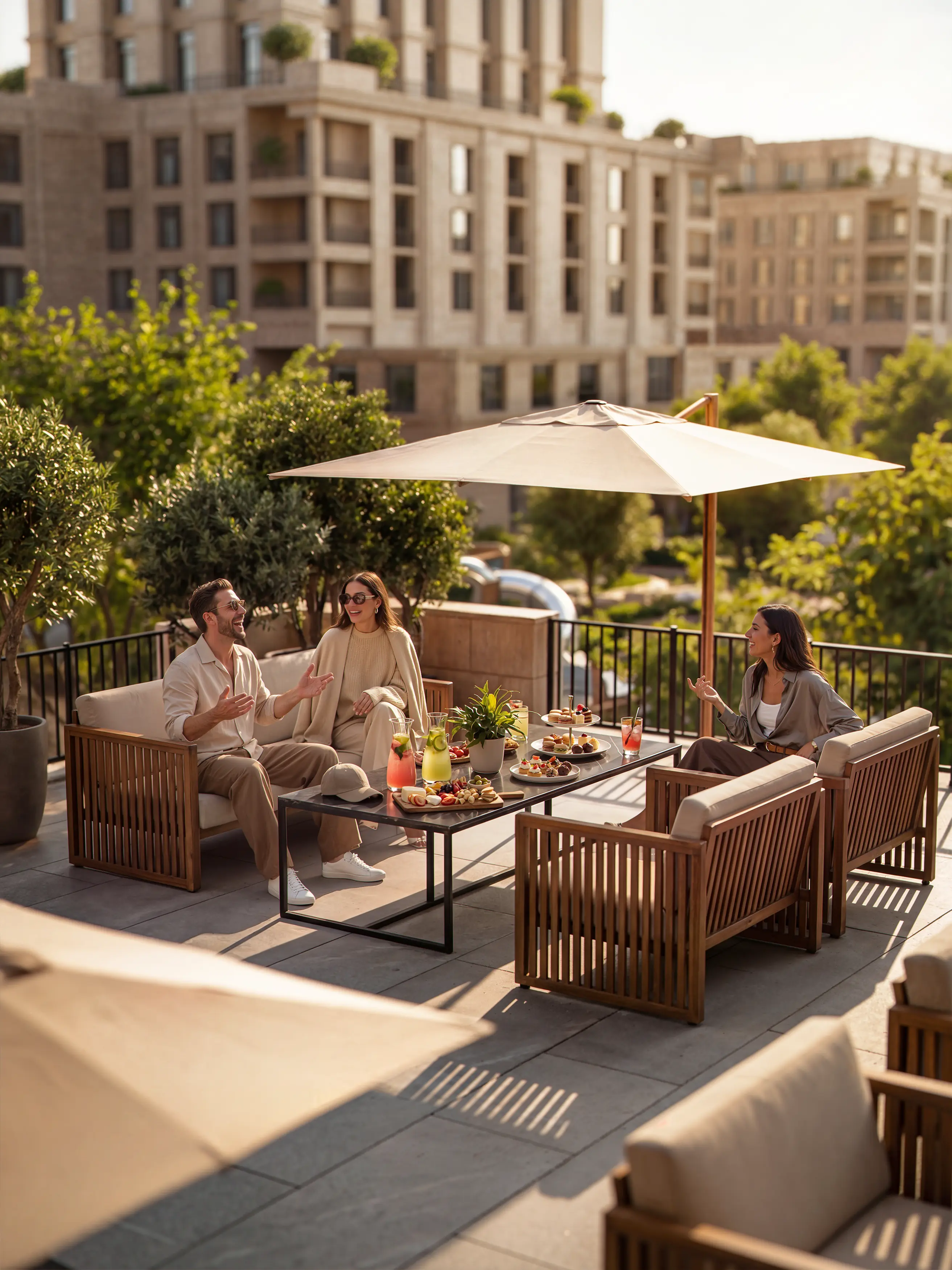 Residents relaxing on a balcony with sofas and snacks.