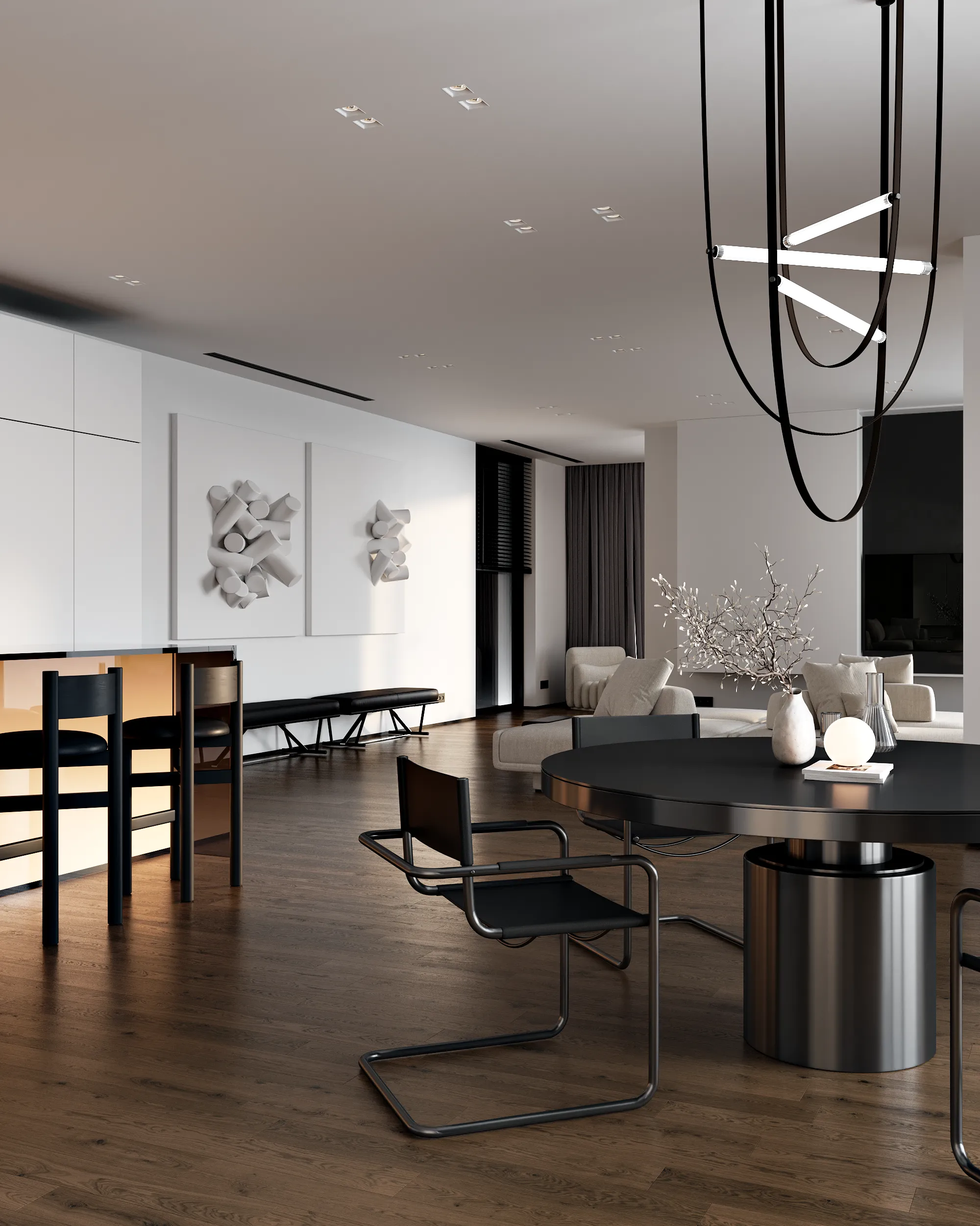 View from the dining table towards textured decorative wall panels in the modern living room.