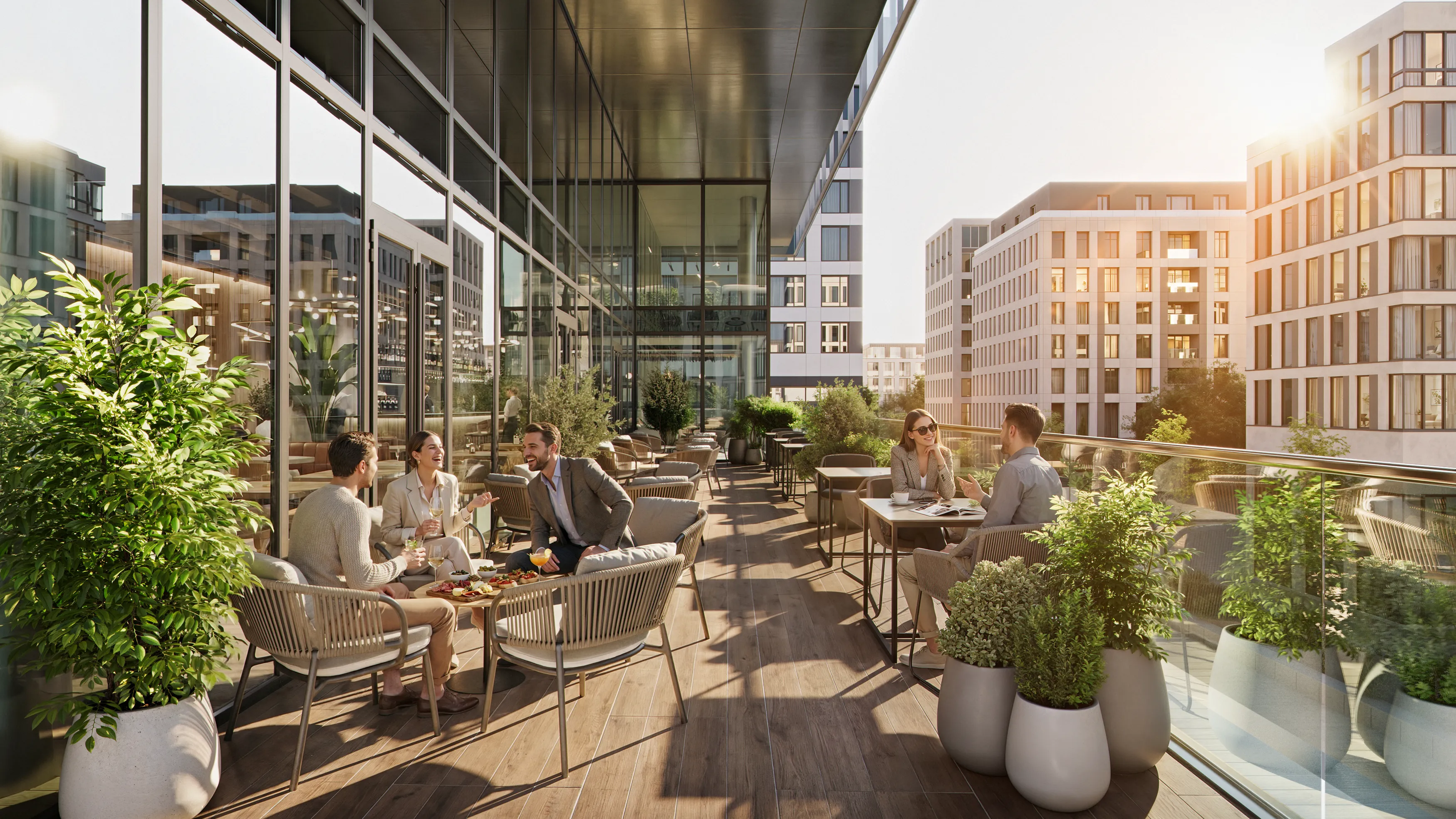 Business center terrace restaurant with city views and diners.