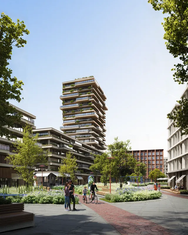 Landscaped community courtyard with residents walking and a father cycling with his child.