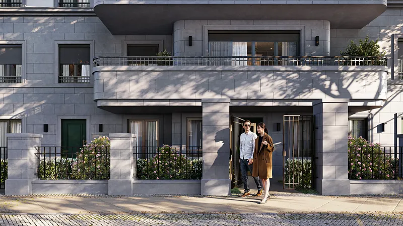 Modern residential building entrance, showing a couple exiting onto the landscaped street.