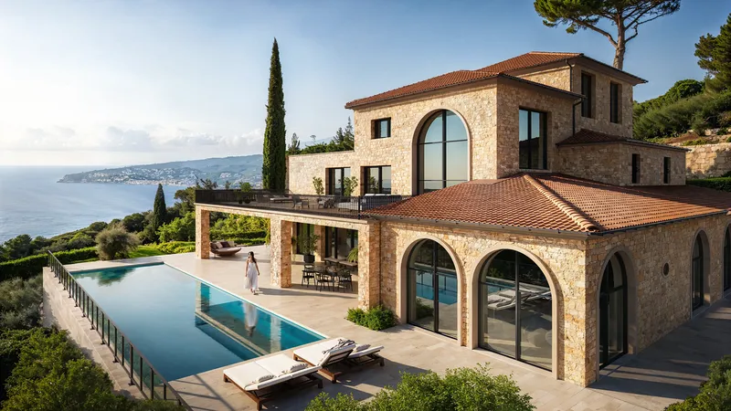 Seaside luxury villa with a pool and lounge area, featuring a woman walking on the grounds.