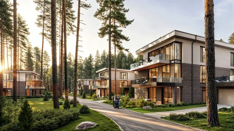 Quiet residential street lined with modern houses, featuring a couple and child walking.