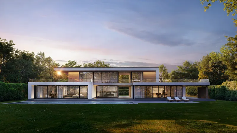 Villa facade view captured during a dramatic, colorful sunset