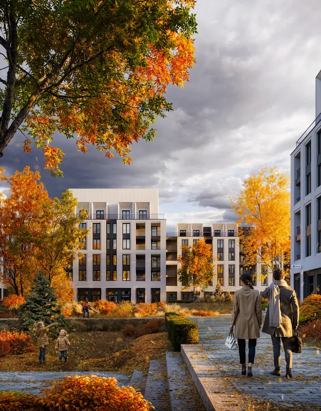 Sunny autumn residential complex courtyard with playing children and walking path