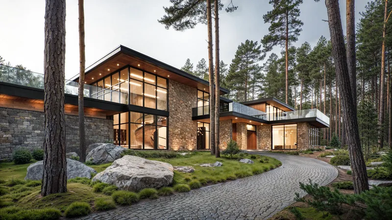 Approach view of secluded villa via driveway surrounded by pine trees