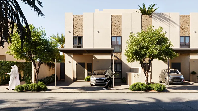 Wide angle of building facade, entrance area, and parking with pedestrian activity