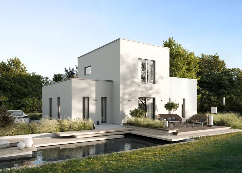Daytime view of a backyard featuring a swimming pool and sun deck.