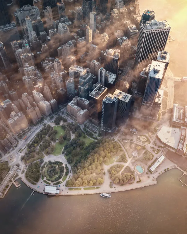 Aerial bird's-eye view of New York City skyscrapers.