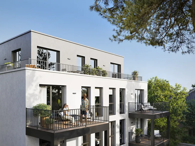 View of balconies with residents relaxing.