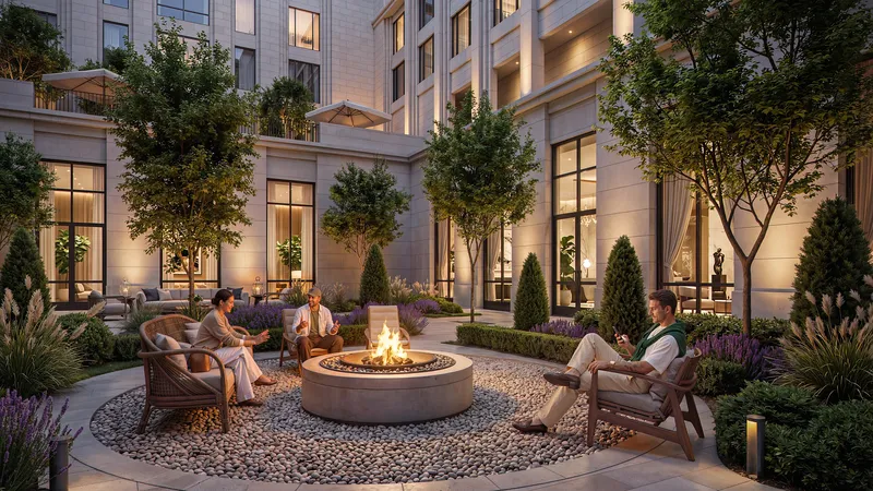 Inner courtyard with a fire pit and residents relaxing.