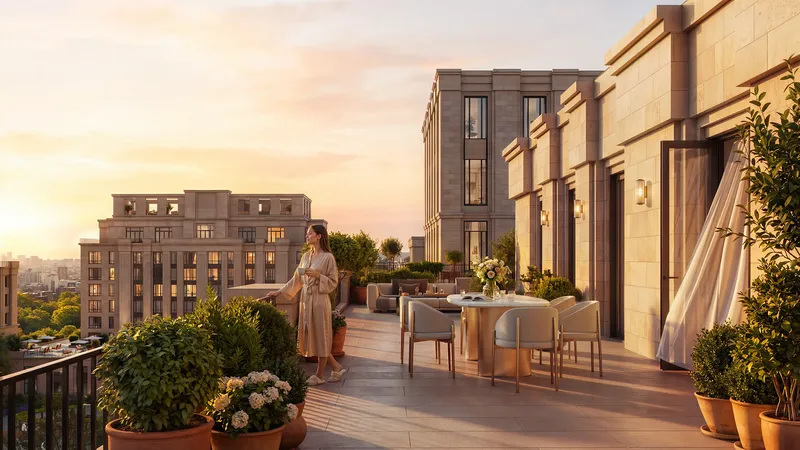 Evening balcony view with a girl enjoying tea.