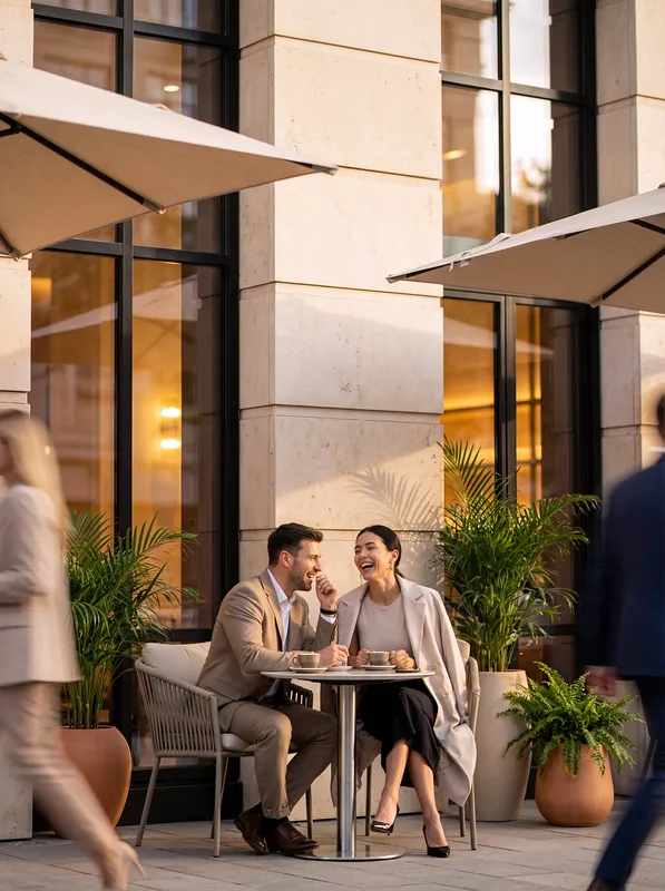 Couple enjoying lunch at a cozy outdoor street cafe table.