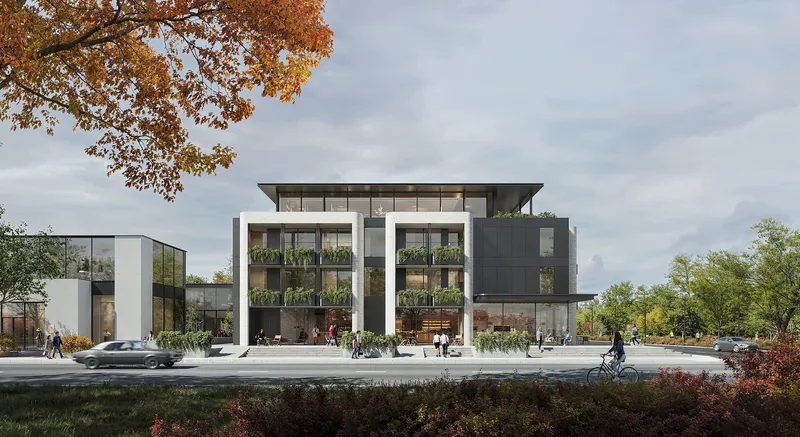 Front view of modern apartments with private balconies.