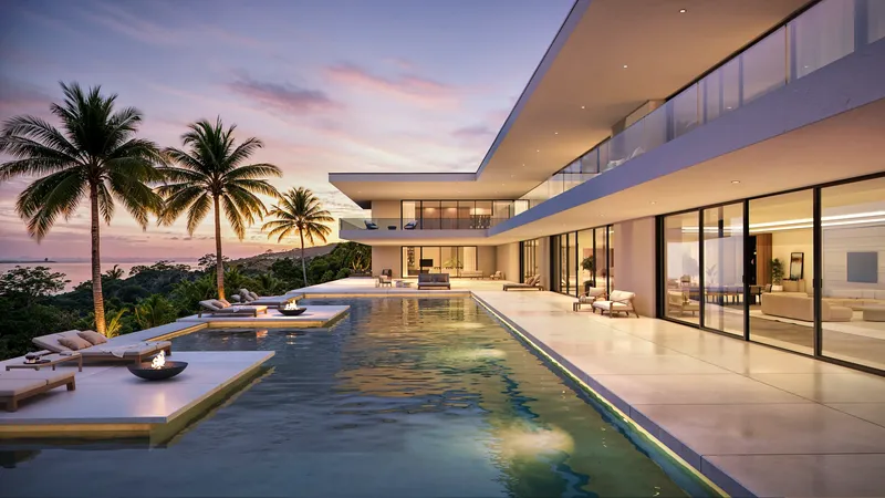 Seaside villa with a pool and lounge chairs at dusk.