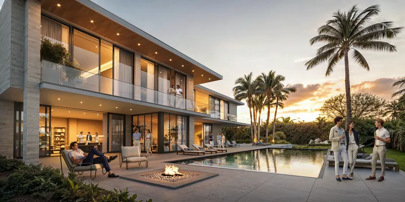 Front view of a villa with a pool and loungers at night.