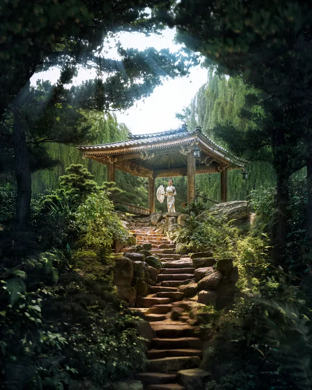 Paved path leading to a park gazebo.