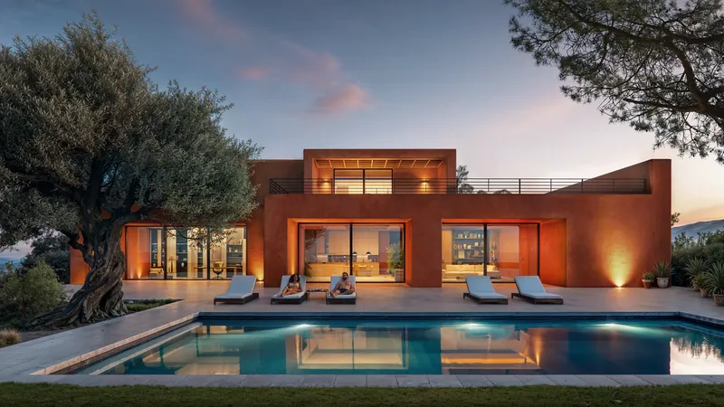 Couple relaxing by the pool of a luxury villa at night.