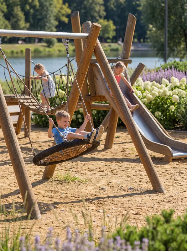 Eco-park playground with children playing on swings, slides, and climbing frames.
