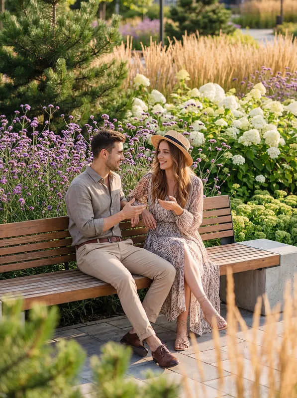 Couple relaxing on a park bench surrounded by lush greenery and flowers.