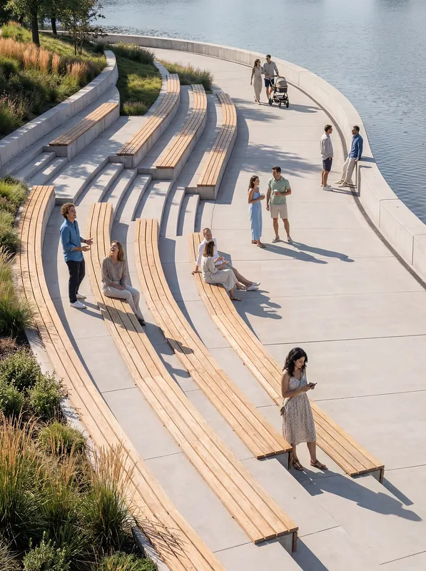 Busy eco-park embankment featuring long wooden benches and walking visitors.