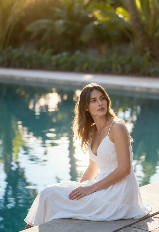 Woman relaxing by the swimming pool on a bright and sunny day. CloseUp.