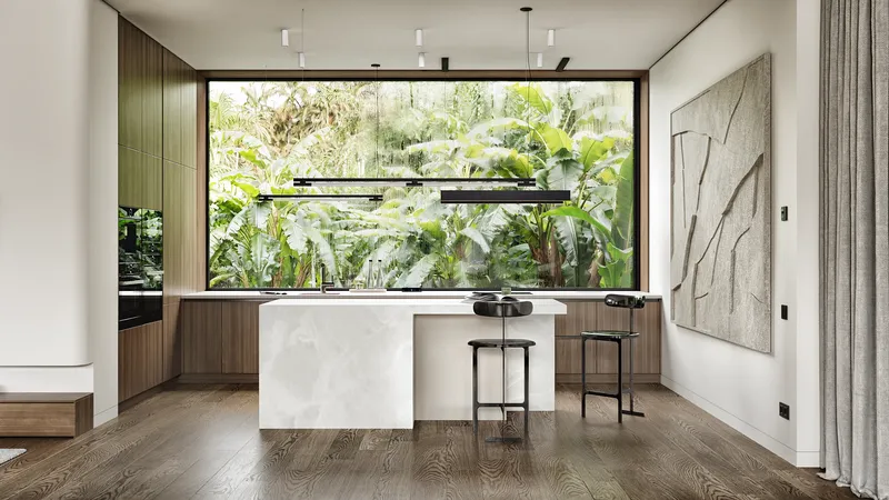 Front view of a modern kitchen cabinetry and island with bar stools.