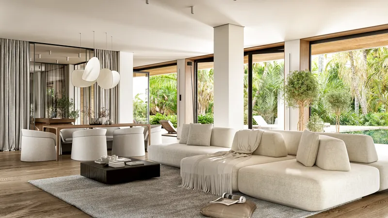 Living zone featuring a dining table, double-sided sofa, and coffee table.